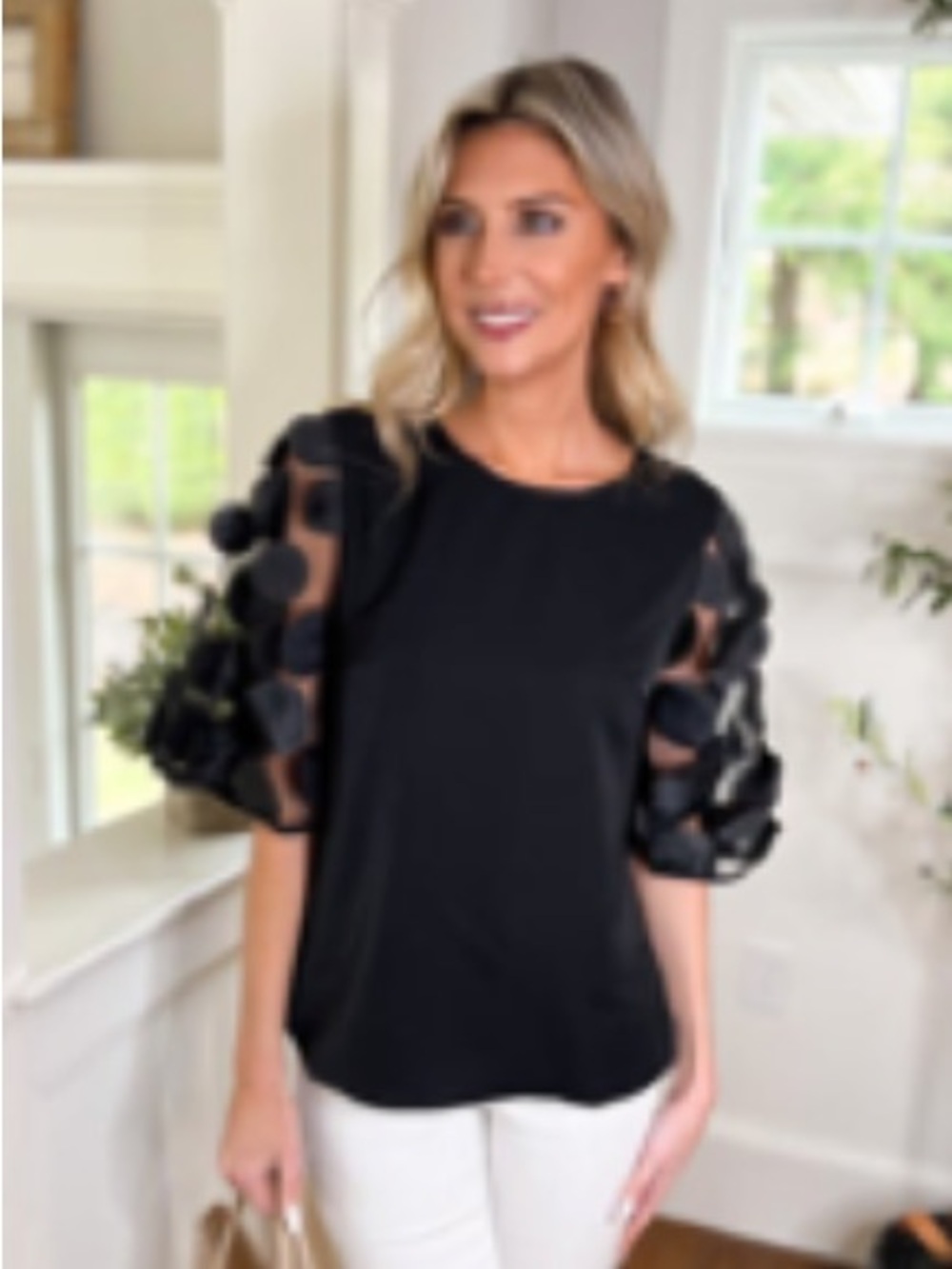 Women's Black Blouse with Sheer Circle-Appliqué Sleeves